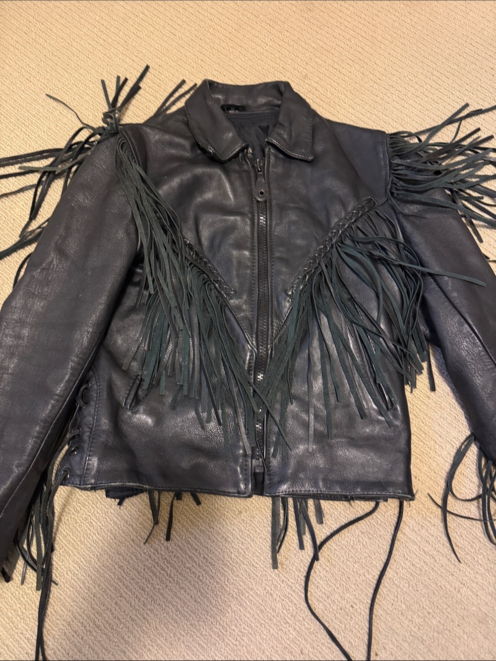 Silver Hawk biker gear Black Leather Fringe Jacket - Women size 8